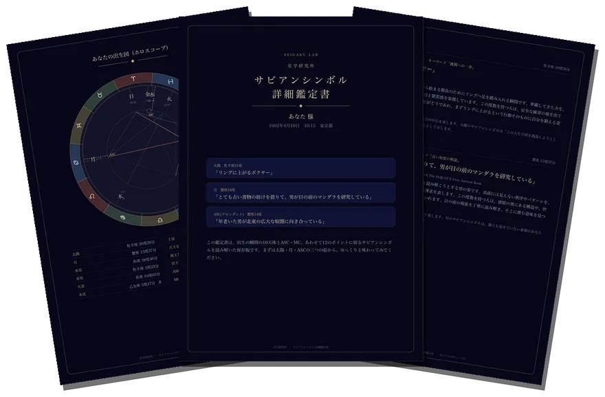 詳細鑑定書PDFのサンプル: 表紙・出生図・シンボル解説の3ページ